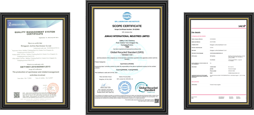 Framed compliance certificates for OEM/ODM sportswear manufacturer audit documentation