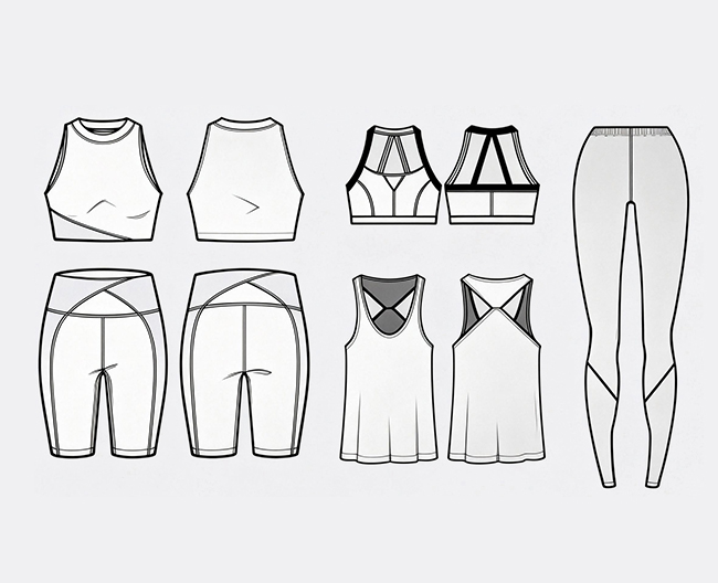 Sportswear design sketches for custom yoga wear manufacturer pattern review