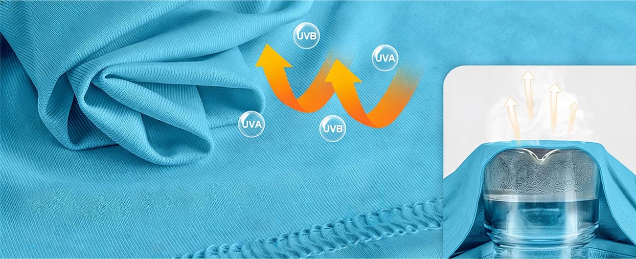 custom sportswear OEM,bespoke athletic apparel manufacturing,sportswear fabric customization,sports jacket printing embroidery factory,low MOQ sportswear OEM Blue sun-protection knit fabric visual for custom sportswear manufacturer material review
