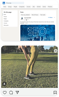 Social media posts referencing SEO and sportswear content for private label sportswear production