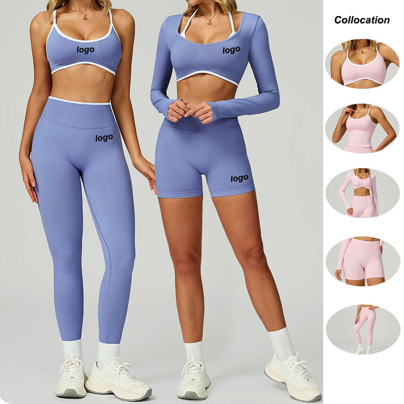 custom activewear labels, customized clothing labels, custom woven labels, private label activewear tags, branded sportswear labels Color-blocked yoga wear set with logo placement for private label sportswear production