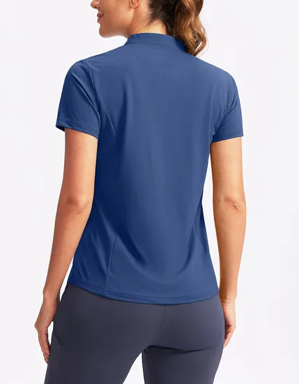 Back view of women's sports polo for custom sportswear manufacturer reference