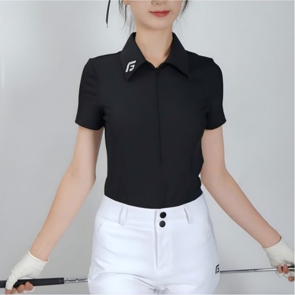 Black women's golf polo sample for private label sportswear production review