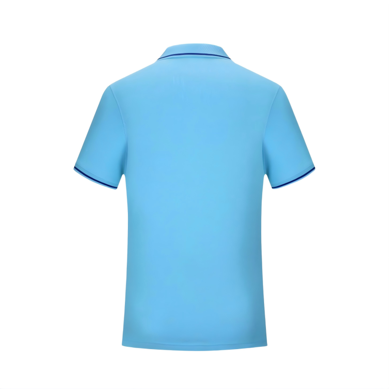 Back view of blue polo shirt for custom sportswear manufacturer reference
