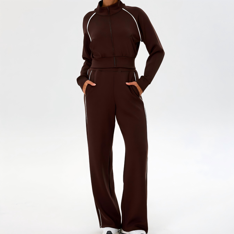 Brown tracksuit sample with zipper jacket for private label sportswear production