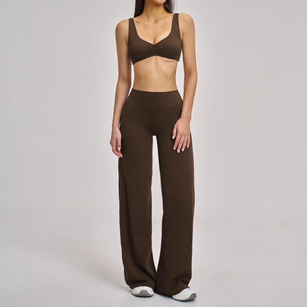 Brown yoga bra and wide-leg pants sample for custom yoga wear manufacturer