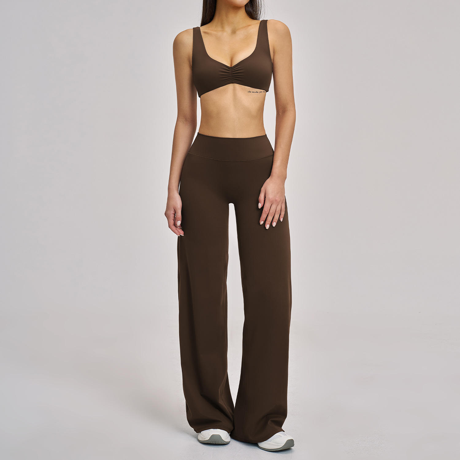 Brown yoga bra and wide-leg pants sample for custom yoga wear manufacturer