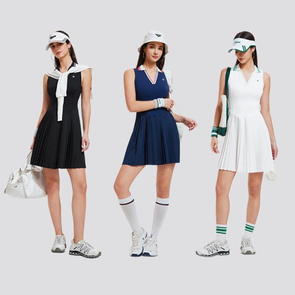 Women's tennis dress samples shown for private label sportswear production review