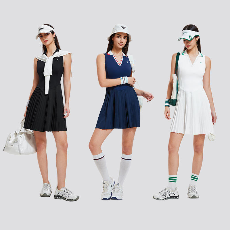 Women's tennis dress samples shown for private label sportswear production review