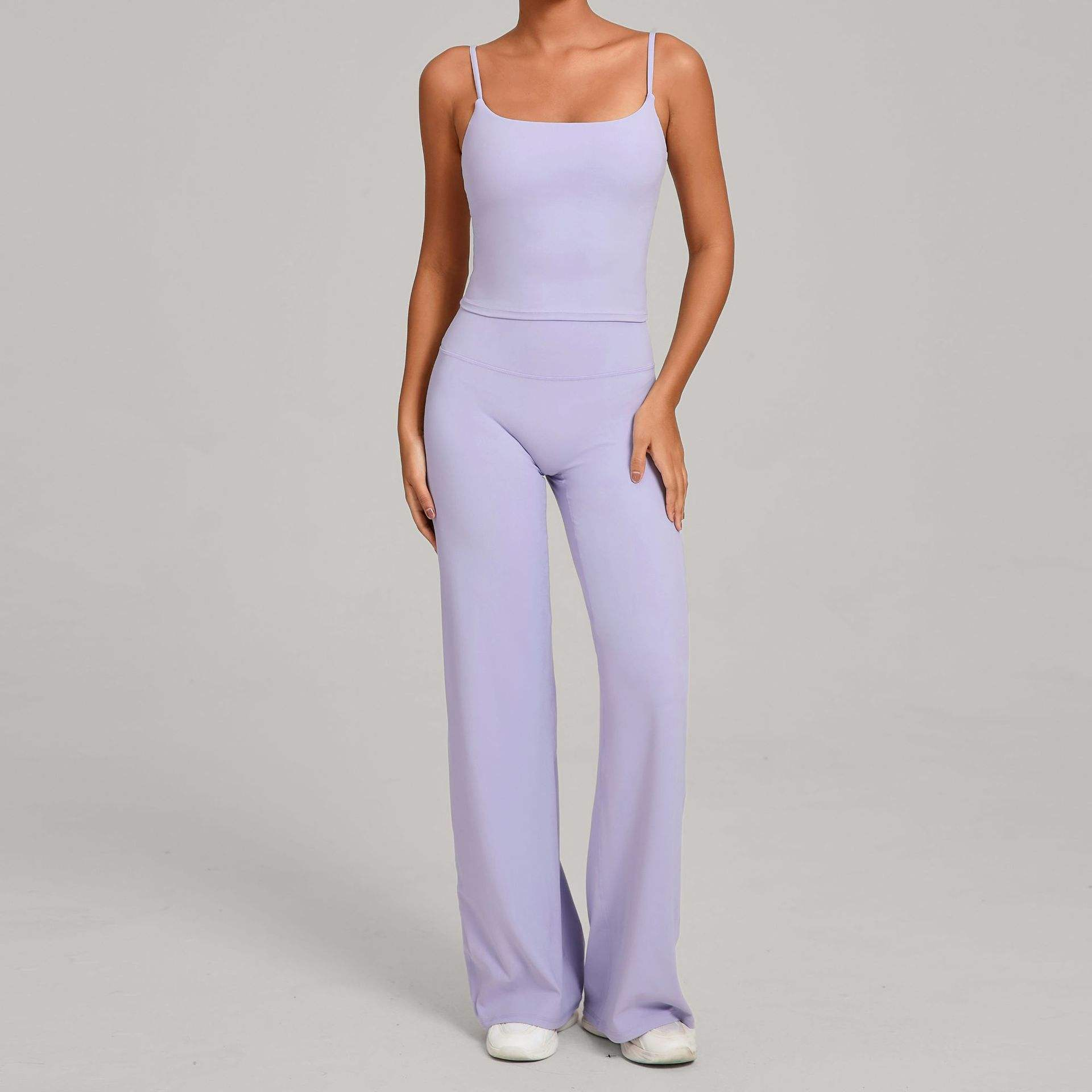 Lavender yoga tank and flare pants sample for custom yoga wear manufacturer