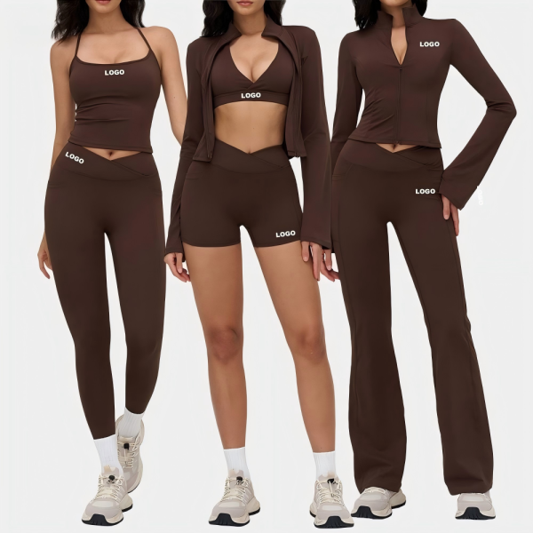 Brown yoga wear set with logo placement for private label sportswear production