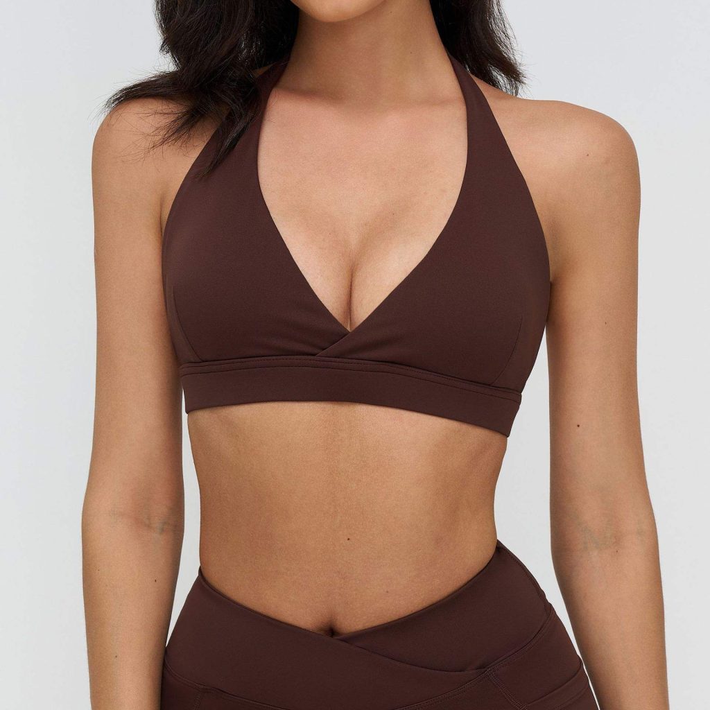 Halter sports bra sample for custom yoga wear manufacturer review