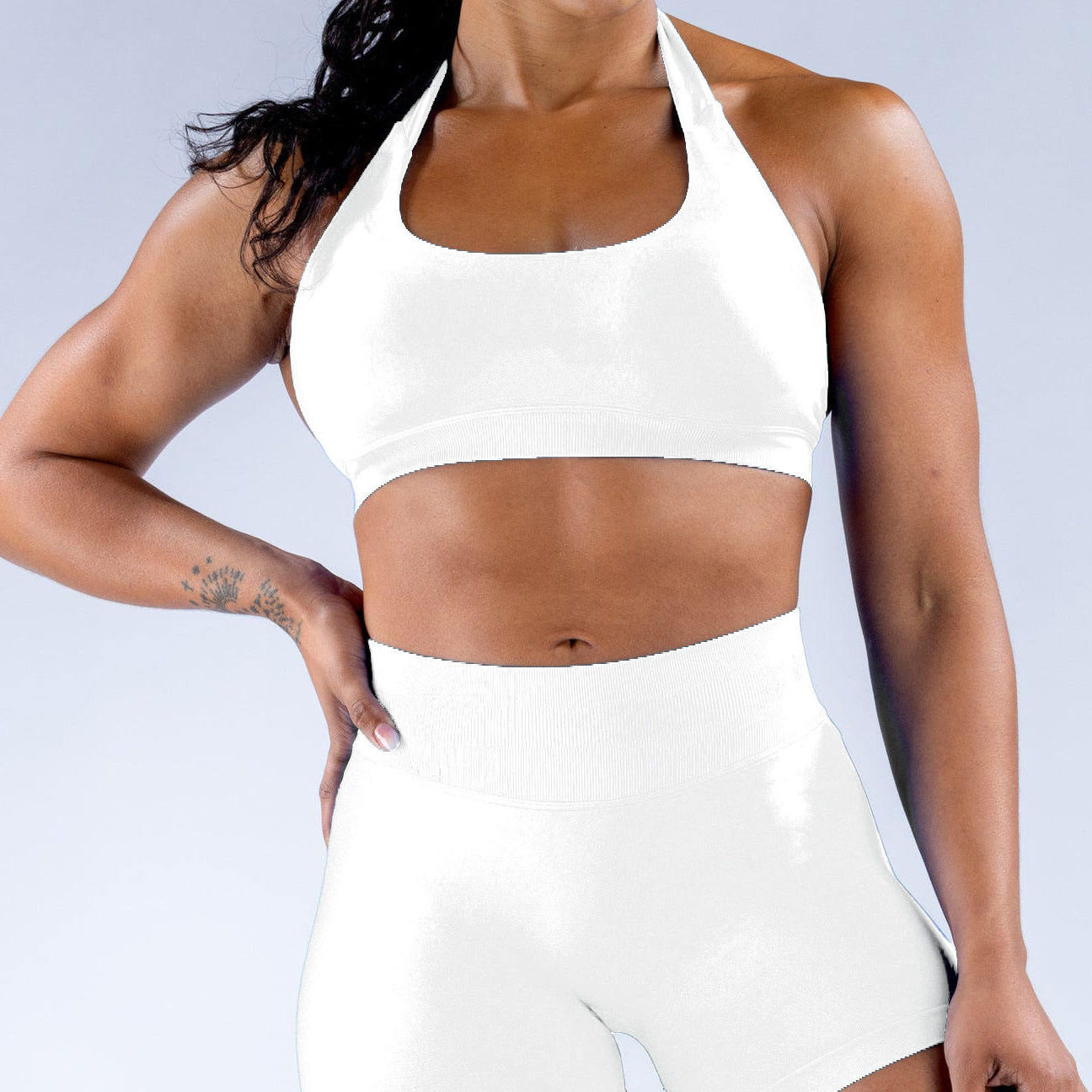 White halter sports bra and shorts for private label sportswear production