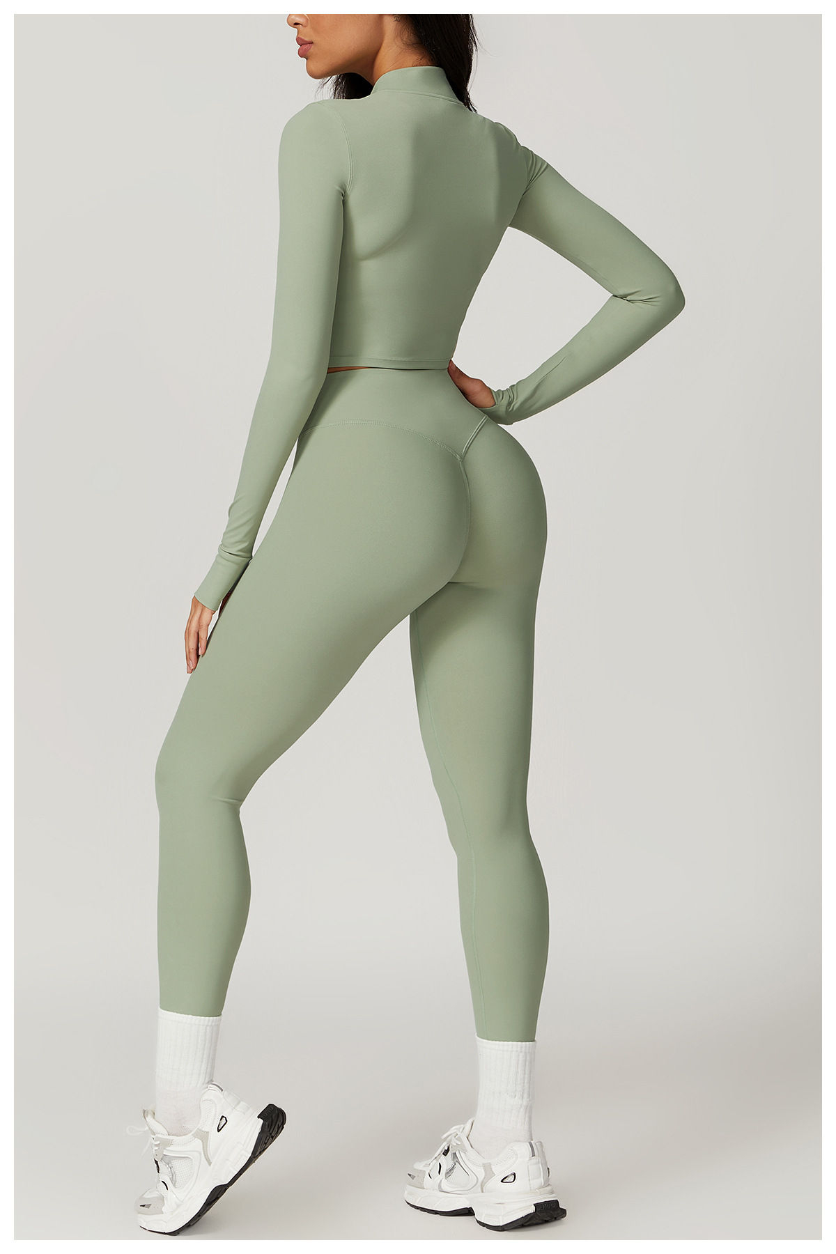 Sage long sleeve yoga set sample for private label sportswear production