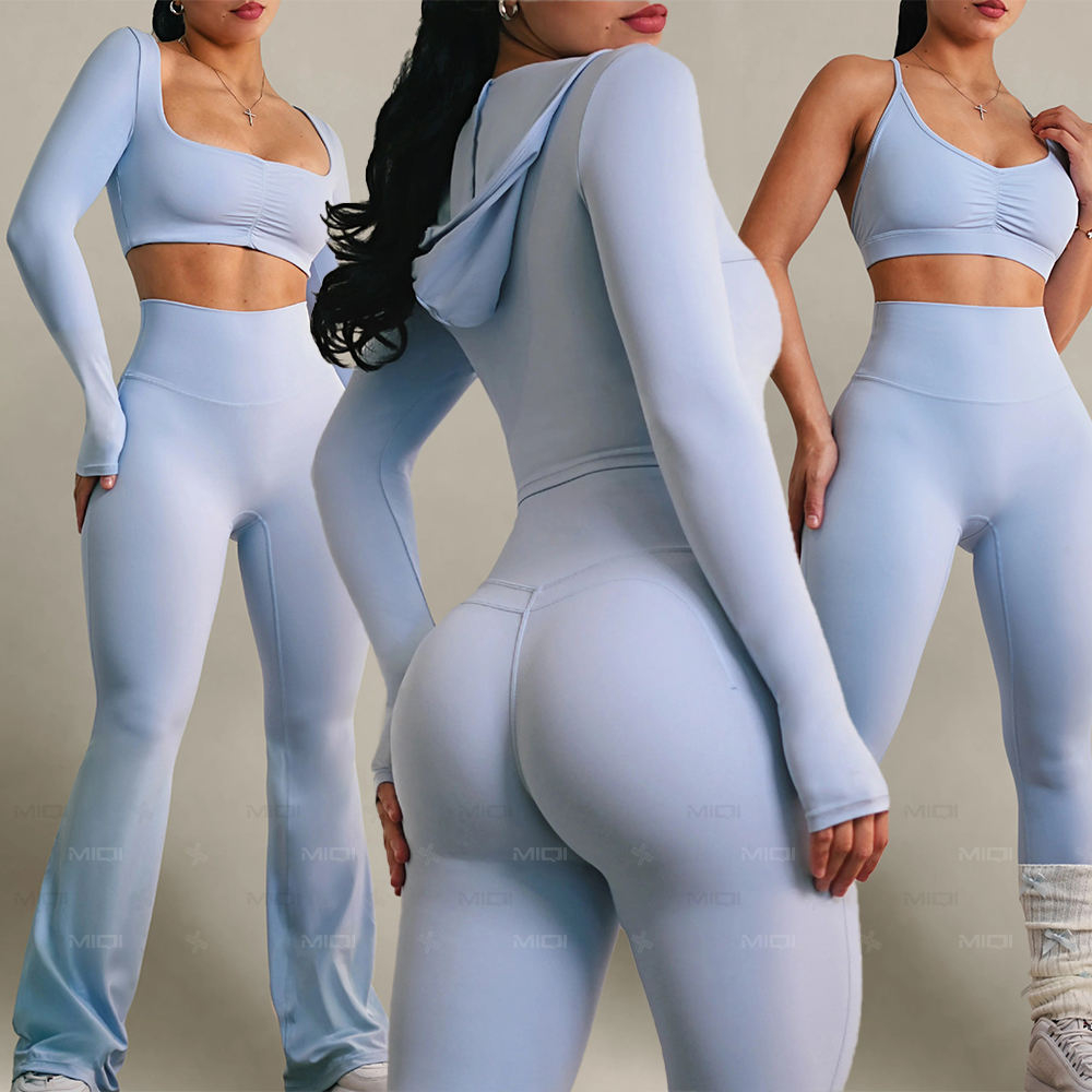 ODM activewear manufacturer, custom activewear ODM, activewear ODM factory, ODM sportswear manufacturer, private label activewear ODM Light blue activewear set sample for private label sportswear production