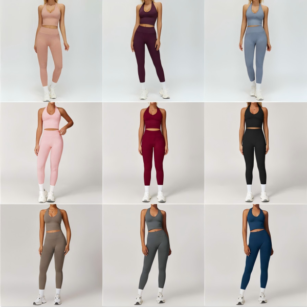 Women's activewear sets displayed for private label sportswear production colorway review