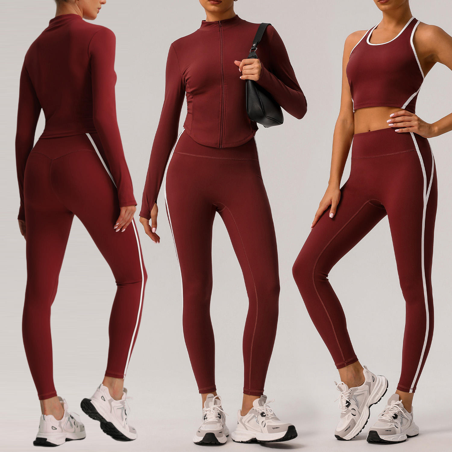 sportswear manufacturing process, custom sportswear production, activewear manufacturing steps, sportswear factory production line, sportswear manufacturing quality control Burgundy women's gym wear set for private label sportswear production review