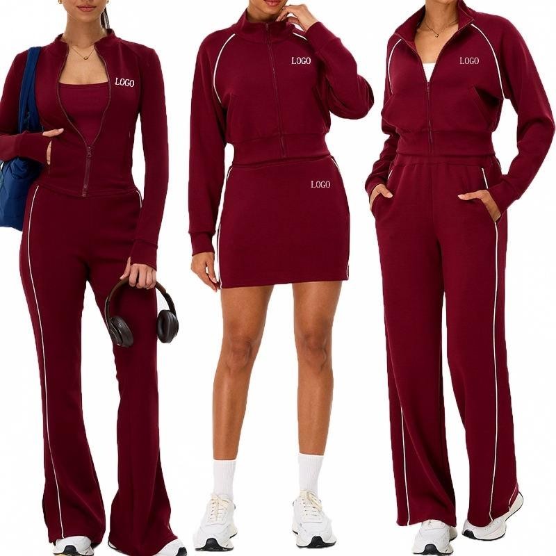women's activewear tracksuit set, women's long sleeve activewear, loose pants workout set, yoga skirt tracksuit, custom gym apparel OEM, private label activewear manufacturer custom women's activewear tracksuit set