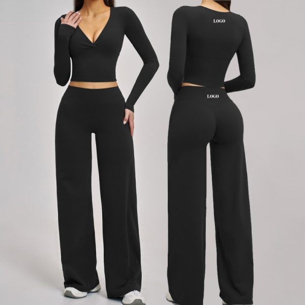 Custom OEM Logo Custom Womens V Neck Long Sleeve Top Wide Leg Pants Luxury Yoga Pilates Workout Activewear Sets