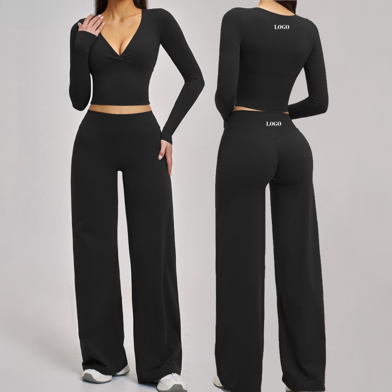 Custom OEM Logo Custom Womens V Neck Long Sleeve Top Wide Leg Pants Luxury Yoga Pilates Workout Activewear Sets