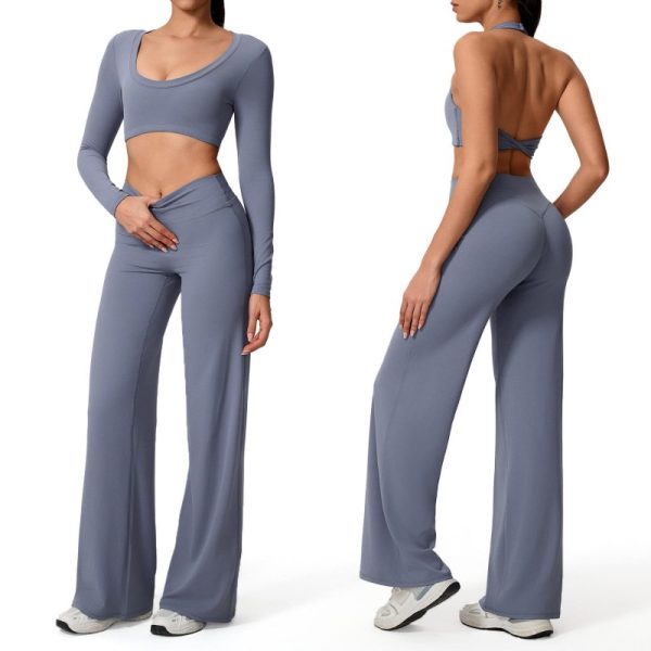Custom OEM Logo Womens 3 Piece Push Up Nude Long Sleeve Sports Bras High Waist Yoga Leggings Yoga Fitness Activewear Sets Sportswear