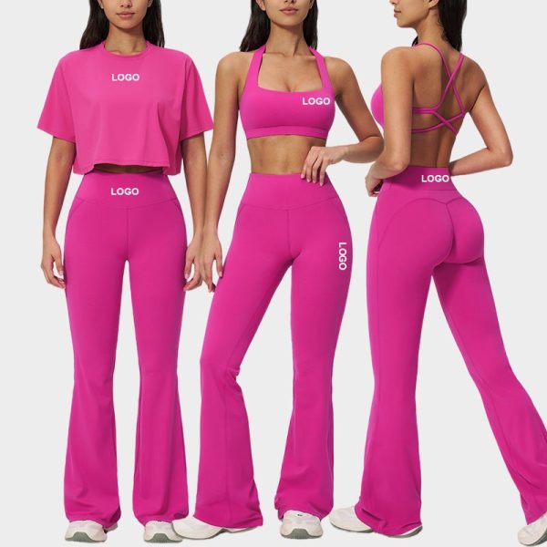 Custom OEM Logo Womens 4 Piece Breathable Summer T Shirt Bra Flare Leggings Yoga Gym Sport Activewear Sets Sportswear