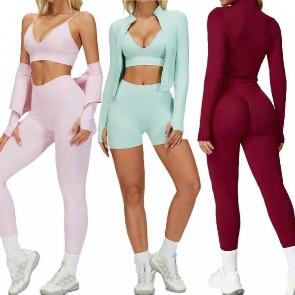 Custom OEM Logo Womens 4 Piece Fingerhole Zip up Jacket Running Sports Bra Gym Fitness Activewear Clothing Sets