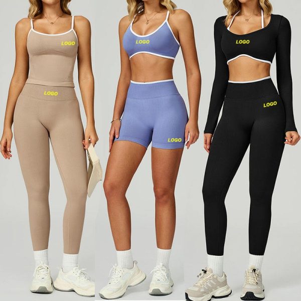 Custom OEM Logo Womens Seamless High Elastance Color Blocked Yoga Fitness Gym Running Sportswear Activewear Sets