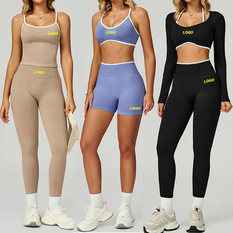 Custom OEM Logo Womens Seamless High Elastance Color Blocked Yoga Fitness Gym Running Sportswear Activewear Sets