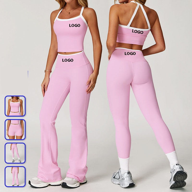 Custom OEM New Design Logo Printed Womens 2 Piece Contrast Color Striped Nylon Spandex Butt Lifting Yoga Fitness Activewear Sets