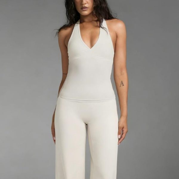 Custom OEM Womens 2 Piece Quick Dry High Elasticity Lightweight Deep V-neck Wide Leg Pants Gym Fitness Yoga Workout Activewear Sets Sportswear