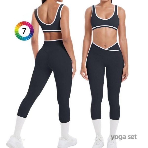 Custom OEM Womens 2 Piece Two-Tone Striped V-Shaped Design Yoga Gym Activewear Sets