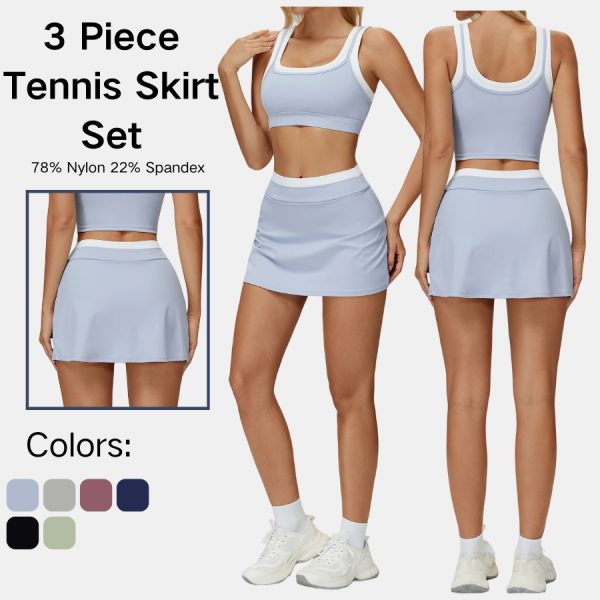 Custom OEM Womens 3 Piece Faux Two Piece Ribbed Crop Tank A Line Tennis Skirt Golf Workout Athletic Activewear Sets Sportswear