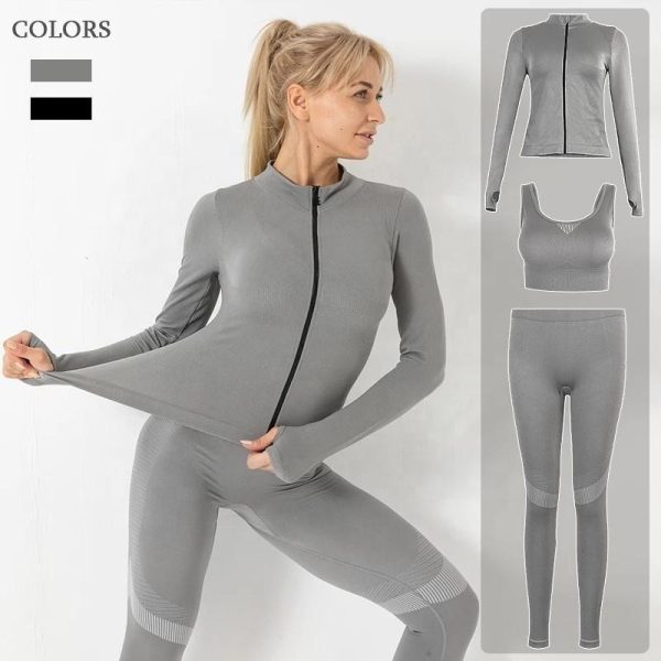 Custom OEM Womens 3 Piece Seamless Long Sleeve Front Zip Top High Waist Yoga Leggings Gym Workout Activewear Sets Sportswear