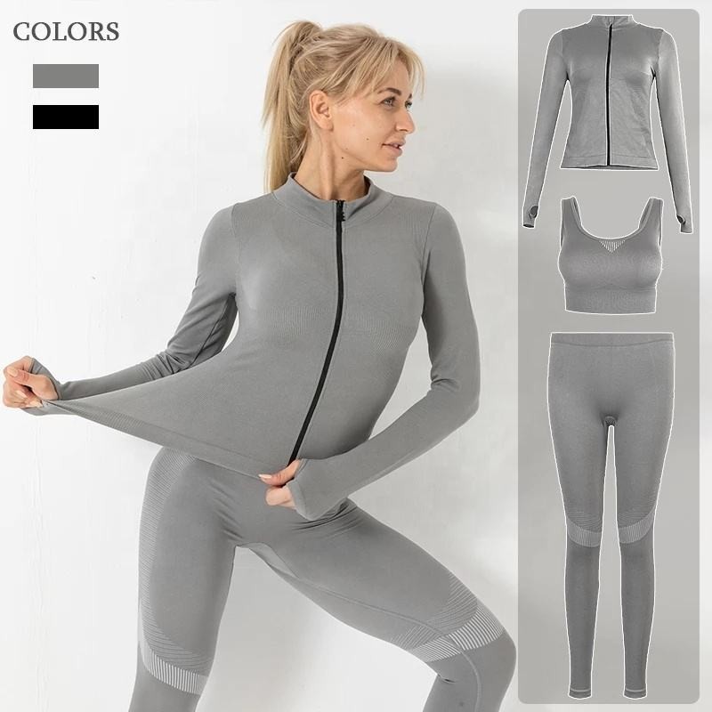 Custom OEM Womens 3 Piece Seamless Long Sleeve Front Zip Top High Waist Yoga Leggings Gym Workout Activewear Sets Sportswear
