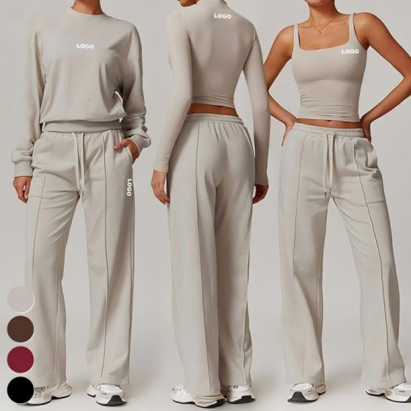 Custom OEM Womens 4 Piece New Long Sleeve Sweatshirt Sports Bra Yoga Tank Top Jogger Sweatpants Gym Fitness Activewear Sets