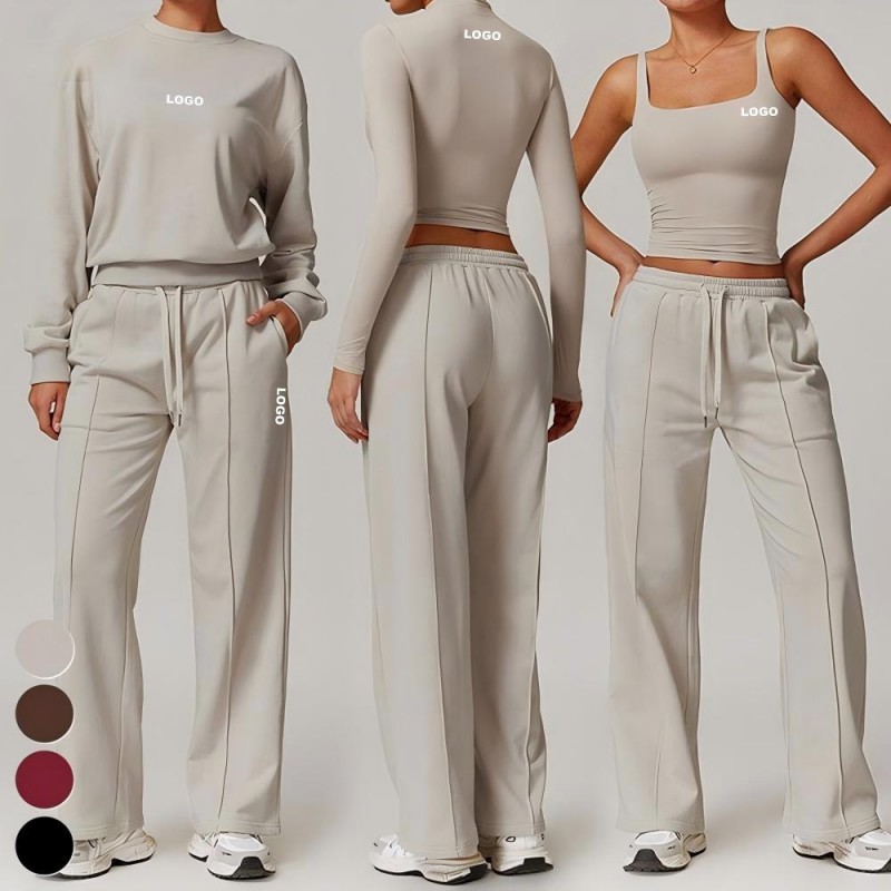 Custom OEM Womens 4 Piece New Long Sleeve Sweatshirt Sports Bra Yoga Tank Top Jogger Sweatpants Gym Fitness Activewear Sets