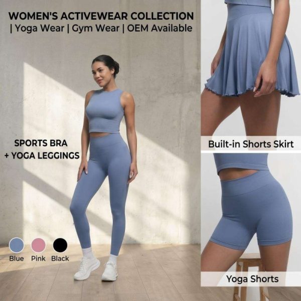 Custom OEM Womens 4 Way Stretch Seamless High Waist Sports Bra Yoga Leggings Shorts Tennis Skirt Activewear Sets Sportswear