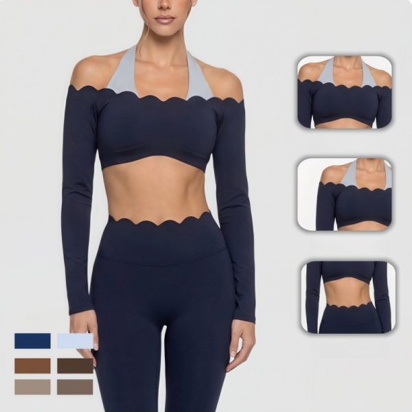 Custom OEM Womens Breathable Tight Lace Trim Cropped Long Sleeve Yoga Tops Fitness Pilates Daily Training Activewear Sportswear