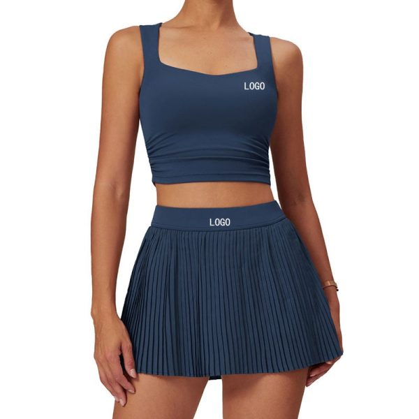 Custom OEM Womens Eco-Friendly High Elastic Breathable Tight Solid Nude 2 Piece Sports Vest Shorts Tennis Skirt Yoga Gym Activewear Sets