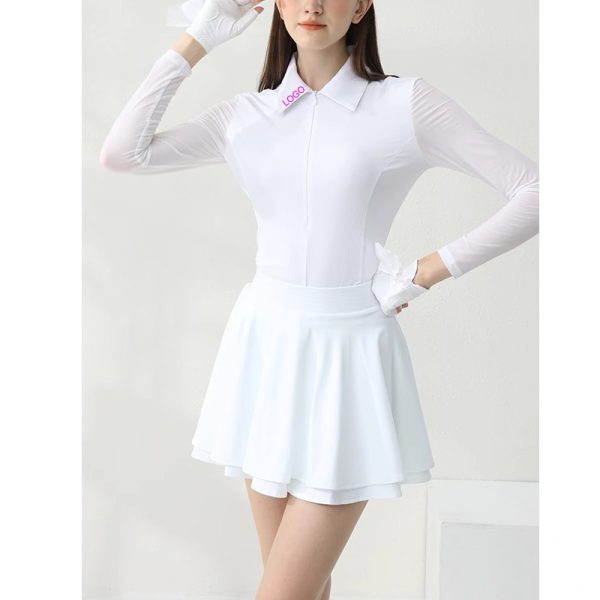 Custom OEM Womens Front Invisible Zipper Transparent Mesh Long Sleeve White Golf Shirts Sportswear