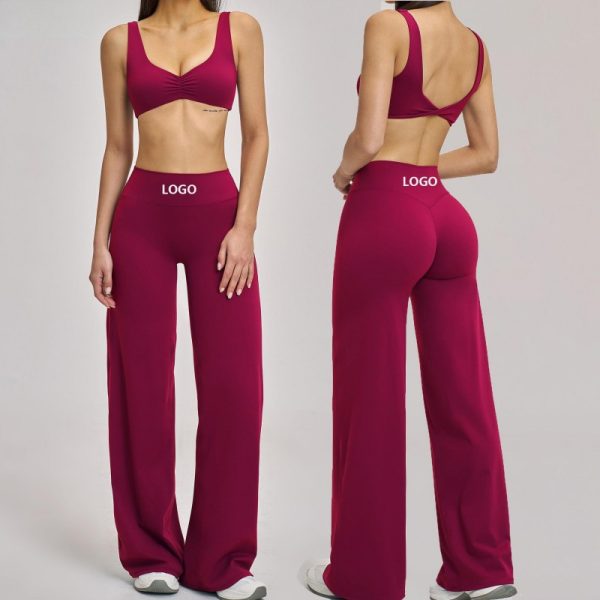 Custom OEM Womens Latest Design Stylish Front Twist Wide Leg Training Fitness Pilates Activewear Sets