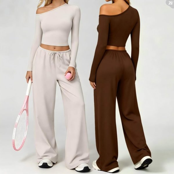 Custom OEM Womens Plaid One Shoulder Front Logo Crop Top Elastic Waist Drawstring Wide Leg Pants Lounge Casual Gym Yoga
