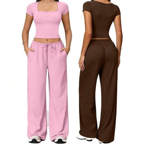 Custom OEM Womens Removable Breast Pads Elastic Waist Drawstring Crop Top Wide Leg Pants Casual Yoga Workout Activewear Sets Sportswear