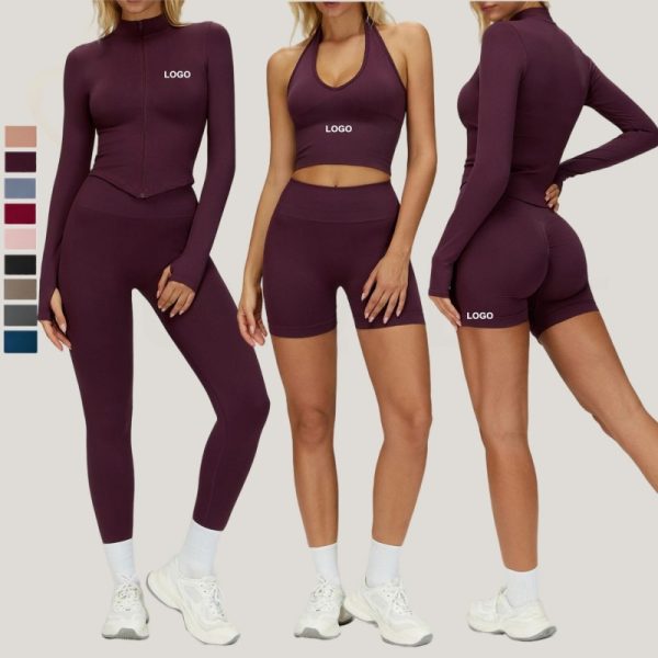 Custom OEM Womens Running Sport Jacket Shockproof Sports Bra High Waist Leggings Gym Fitness Yoga Activewear Sets